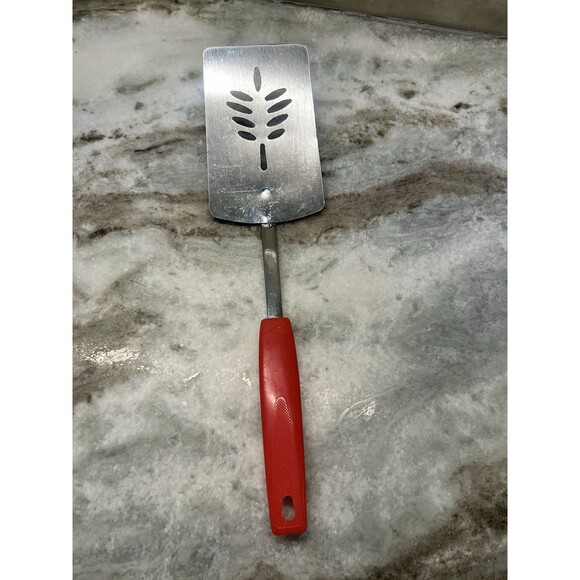 Vintage Metal Slotted Spatula Flipper Turner Red Handle 11” Leaf Design Kitchen - Picture 1 of 9